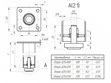 Опора ф 25х150 центр фланец регулируемая золото