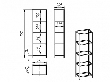 ОСКА Стеллаж-1 510х1750х360 (каркас) черный